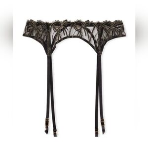 Victoria's Black And Gold Embroidered Shimmer Bow Garter Belt XS/S